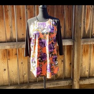 LuLaRoe Randy top raglan Minnie Mouse black purple orange 3/4 sleeve Large